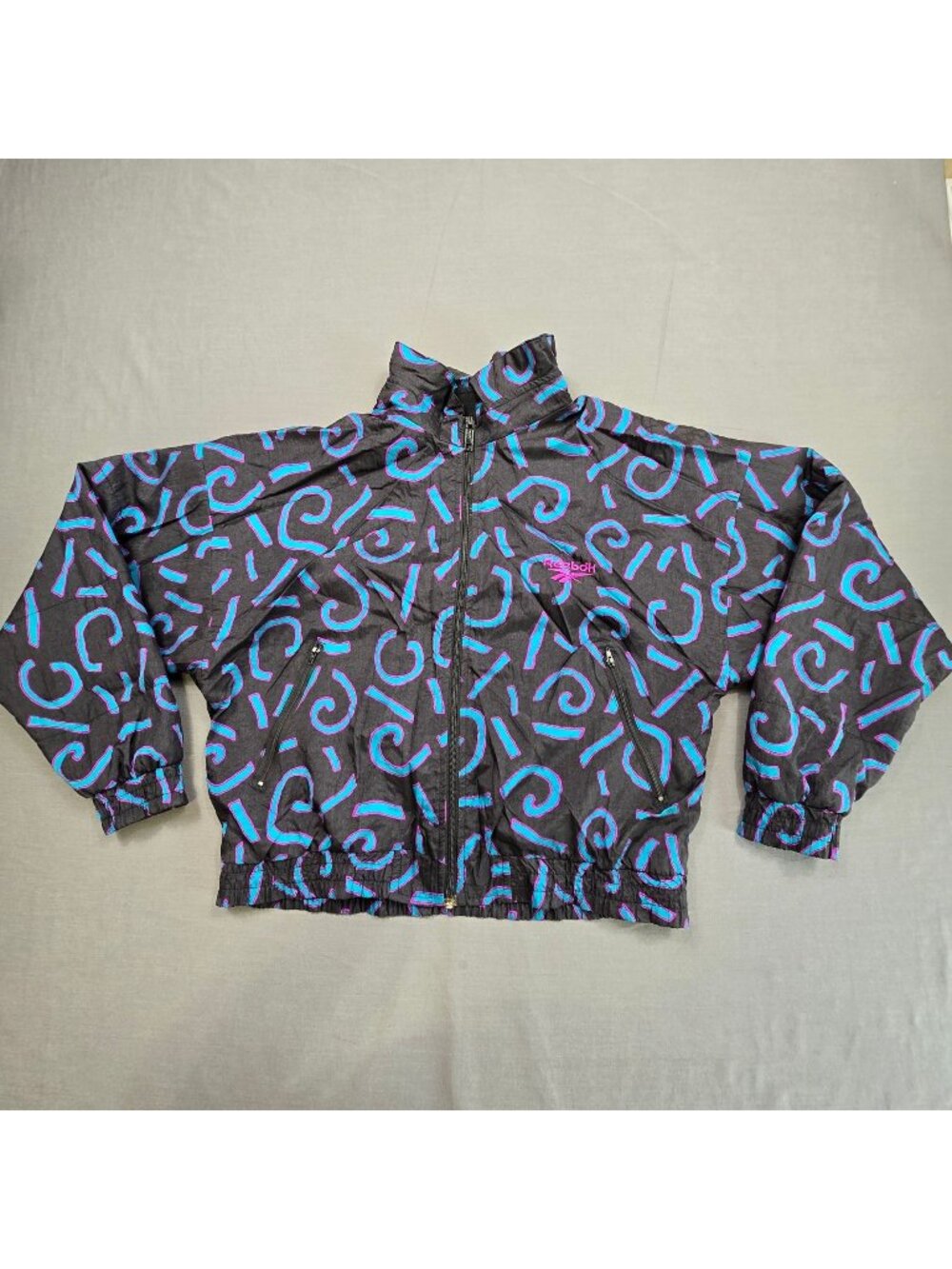 Vintage 90s Reebok Medium Mens Windbreaker Jacket Black Abstract Retro Full Zip